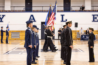 Cadets and midshipmen standing in a block