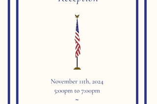 An invitation to the Veteran's Day reception that features an American flag against a white background.