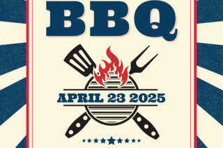 An invitation to the the end of year BBQ that features a grill and a flame.