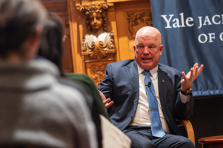 General Raymond talks to an off-camera audience at the Yale Jackson School.